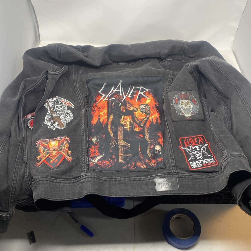 Slayer Custom Denim Jacket Hollister XL Black Acid Wash Distressed Punk Rock